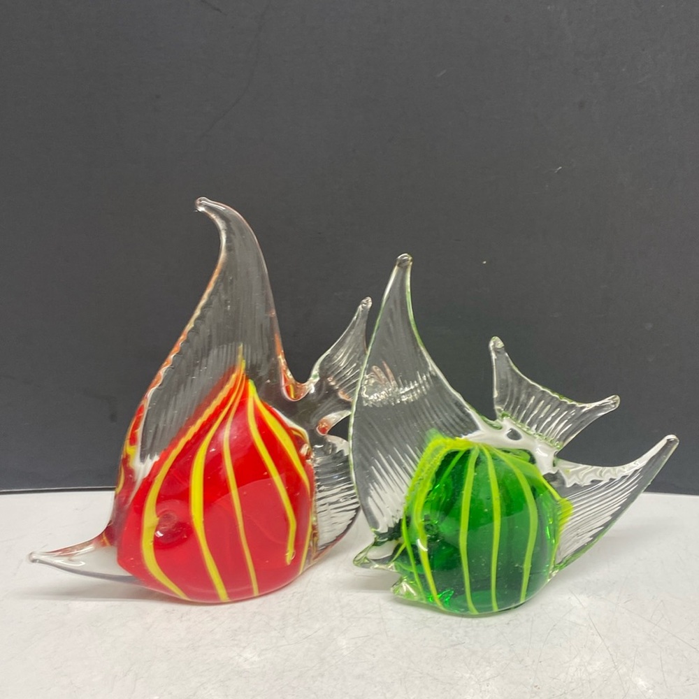 Handblown Glass Fish Paperweights Red Green Pair